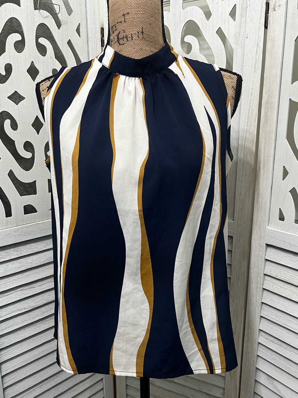 Shein Sleeveless Navy Blue, White & Gold Stripe Mock-Neck Top